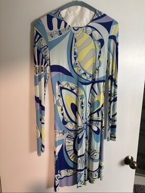 Emilio Pucci Blue, Yellow and Light Blue Long Sleeve Twist-Front Dress